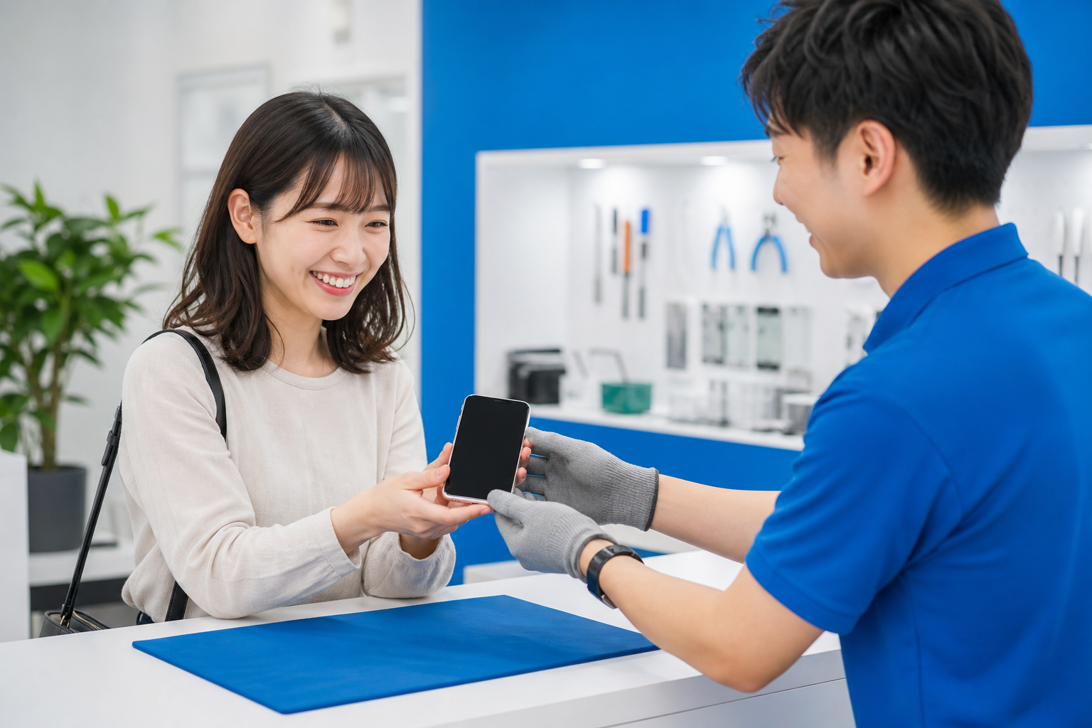 修理が完了したスマートフォンを受け取るお客様