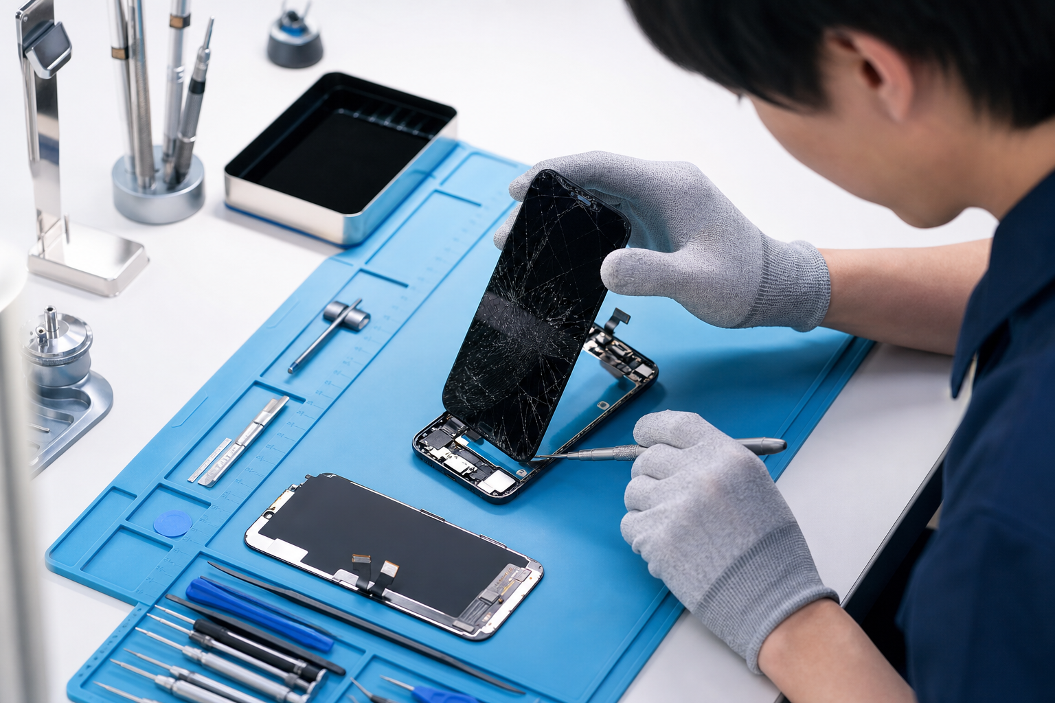 専門スタッフがiPhoneの画面を修理している様子