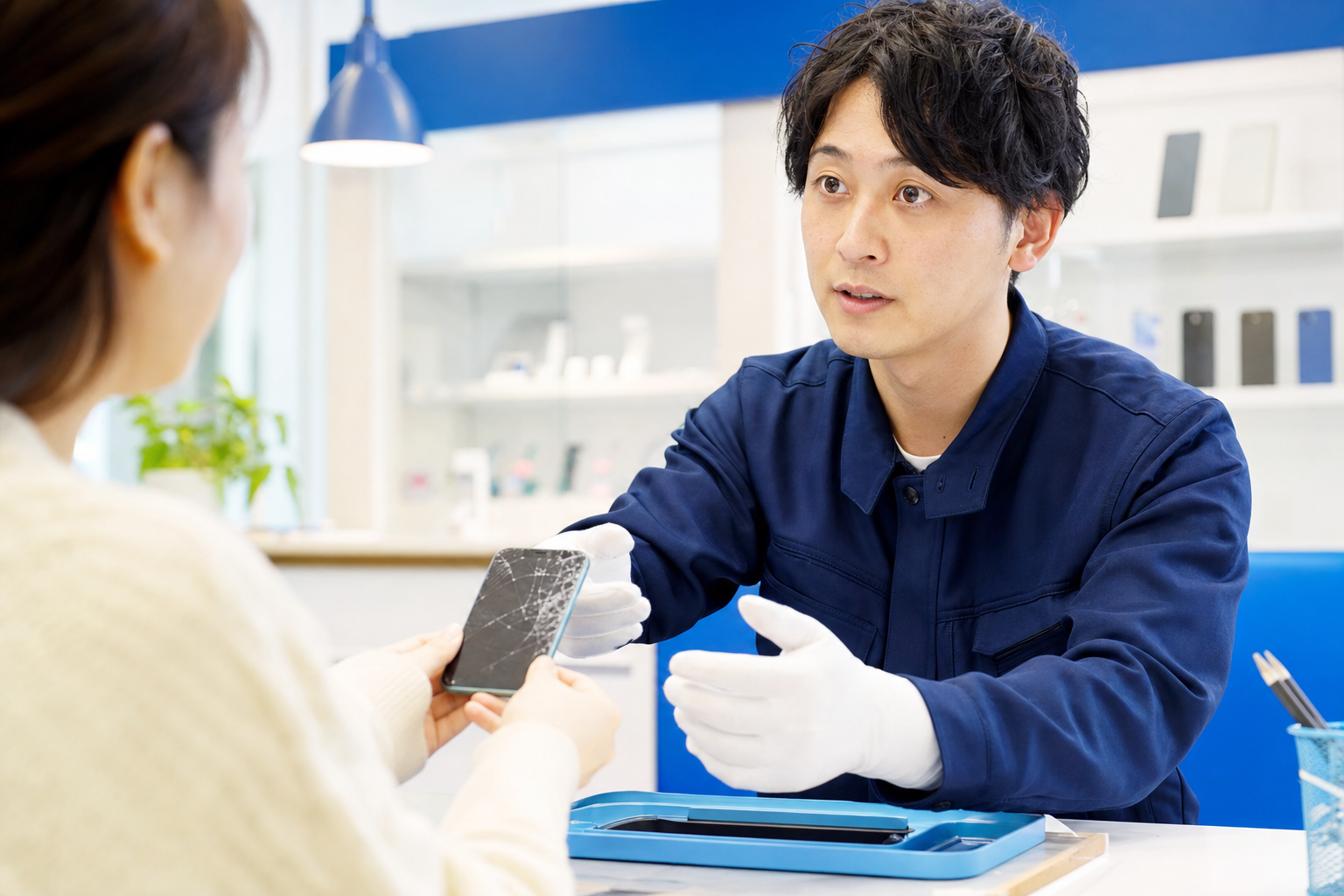 画面が割れたiPhoneを店舗で相談する様子